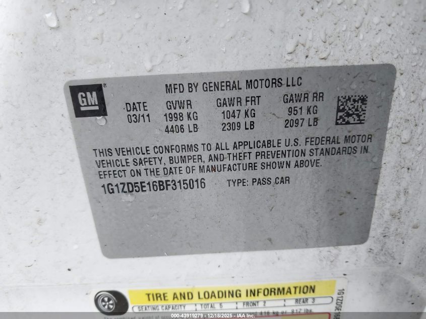 2011 Chevrolet Malibu 2Lt VIN: 1G1ZD5E16BF315016 Lot: 43919279