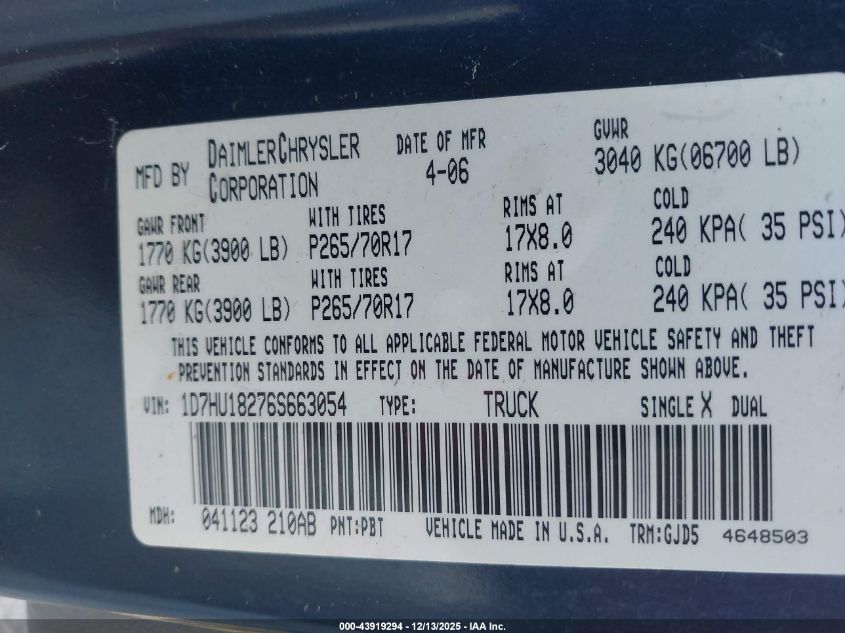 2006 Dodge Ram 1500 Laramie VIN: 1D7HU18276S663054 Lot: 43919294