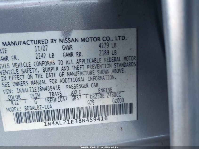 2008 Nissan Altima 2.5 S VIN: 1N4AL21E38N459416 Lot: 43919306