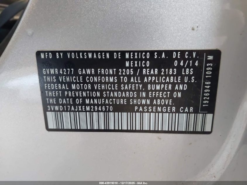2014 Volkswagen Jetta 1.8T Se VIN: 3VWD17AJXEM294670 Lot: 43919310