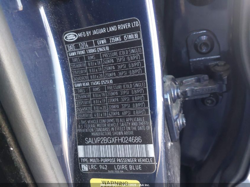 2015 Land Rover Range Rover Evoque Pure VIN: SALVP2BGXFH024686 Lot: 43919311