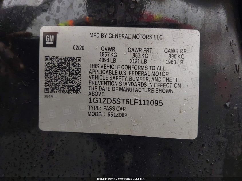 2020 Chevrolet Malibu Fwd Lt VIN: 1G1ZD5ST6LF111095 Lot: 43919313