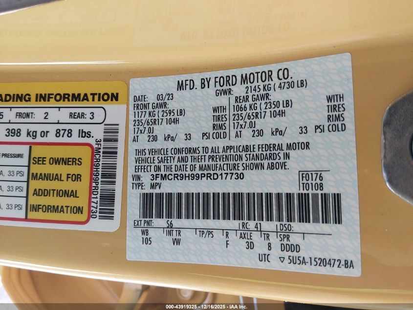 2023 Ford Bronco Sport Heritage Limited VIN: 3FMCR9H99PRD17730 Lot: 43919325