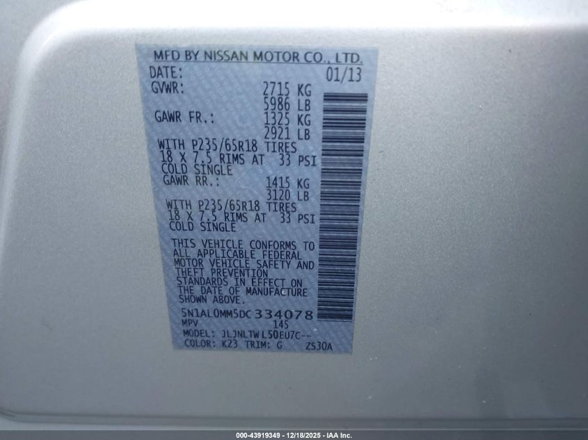 2013 Infiniti Jx35 VIN: 5N1AL0MM5DC334078 Lot: 43919349