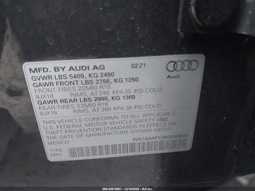 2021 Audi Q5 Premium 45 Tfsi Quattro S Tronic VIN: WA1AAAFY2M2060841 Lot: 43919361