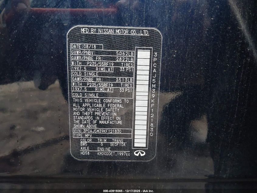 2019 Infiniti Qx50 Essential VIN: 3PCAJ5M39KF121830 Lot: 43919365