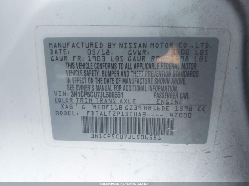 2018 Nissan Kicks Sr VIN: 3N1CP5CU7JL506551 Lot: 43919366