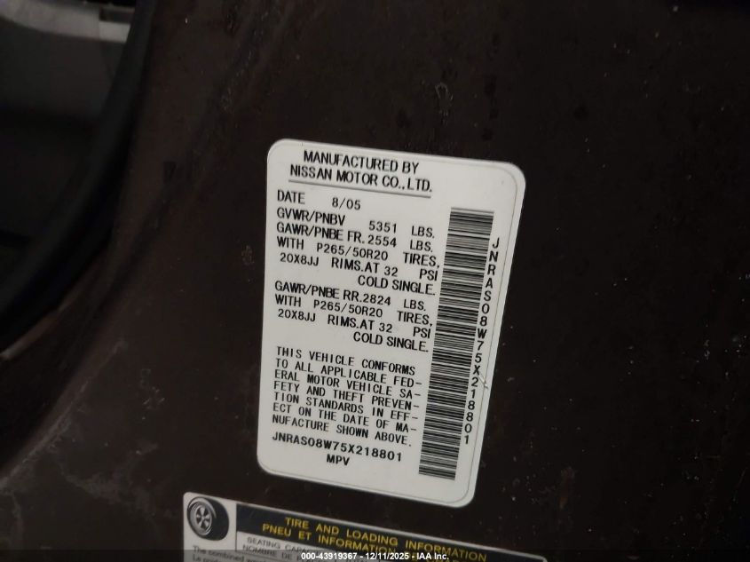 2005 Infiniti Fx35 VIN: JNRAS08W75X218801 Lot: 43919367