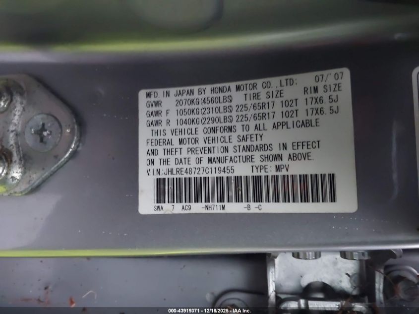 2007 Honda Cr-V Ex-L VIN: JHLRE48727C119455 Lot: 43919371
