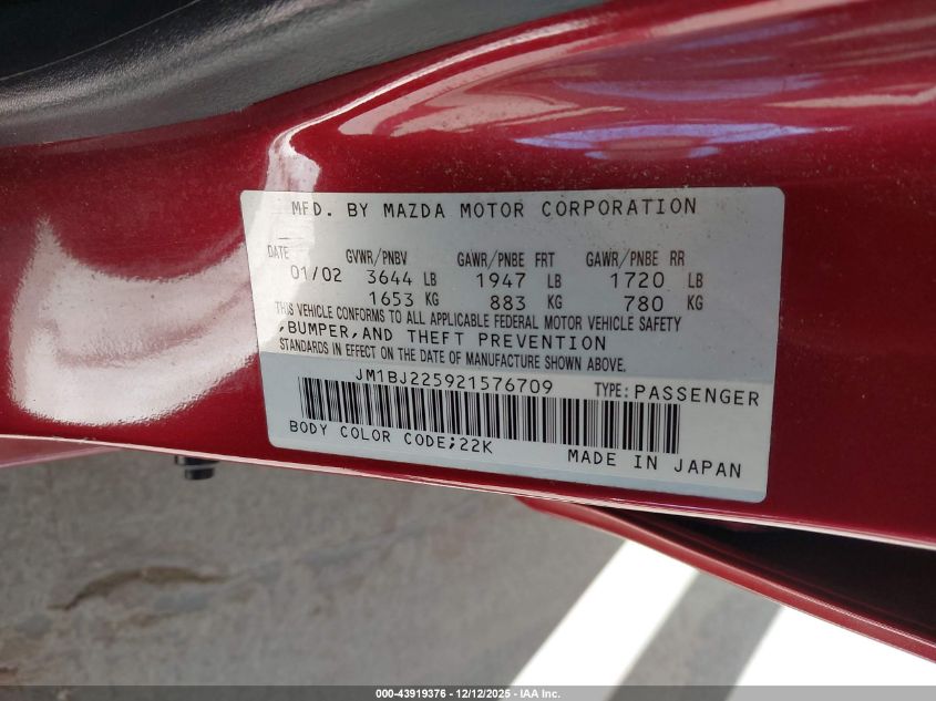 2002 Mazda Protege Dx/Es/Lx VIN: JM1BJ225921576709 Lot: 43919376