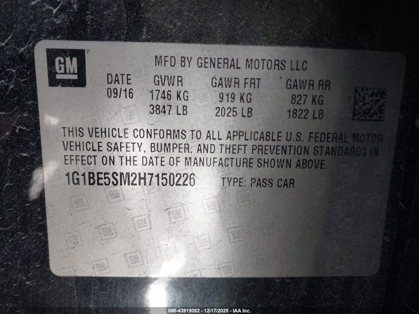2017 Chevrolet Cruze Lt Auto VIN: 1G1BE5SM2H7150226 Lot: 43919382