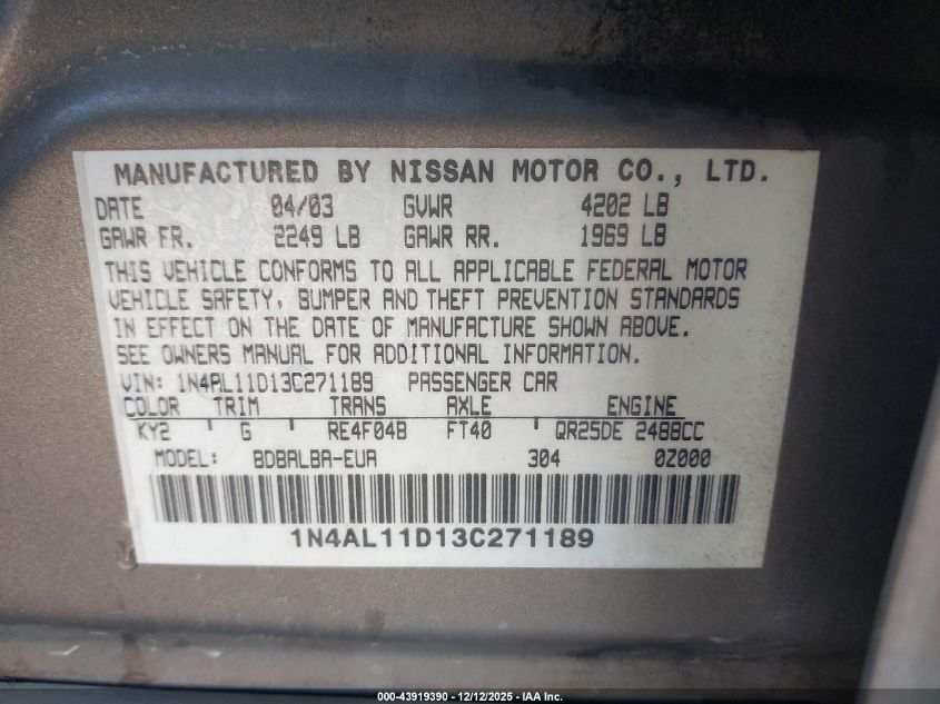 2003 Nissan Altima 2.5 S VIN: 1N4AL11D13C271189 Lot: 43919390