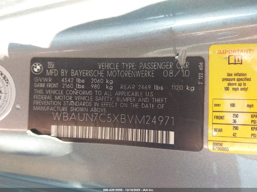 2011 BMW 135I VIN: WBAUN7C5XBVM24971 Lot: 43919395