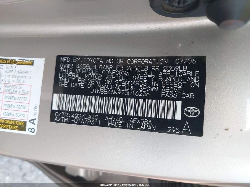 2007 Toyota Camry Hybrid VIN: JTNBB46K973016236 Lot: 43919397