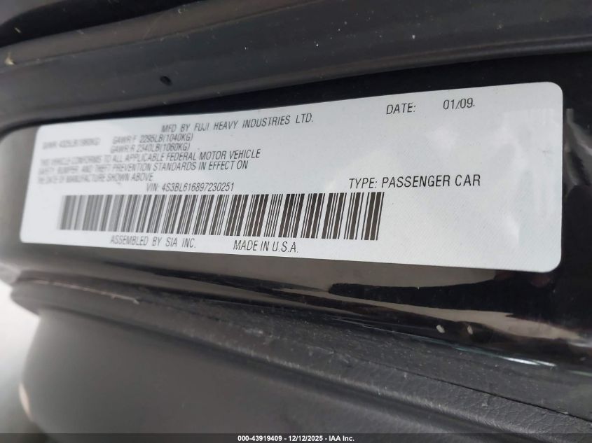 2009 Subaru Legacy 2.5I VIN: 4S3BL616897230251 Lot: 43919409