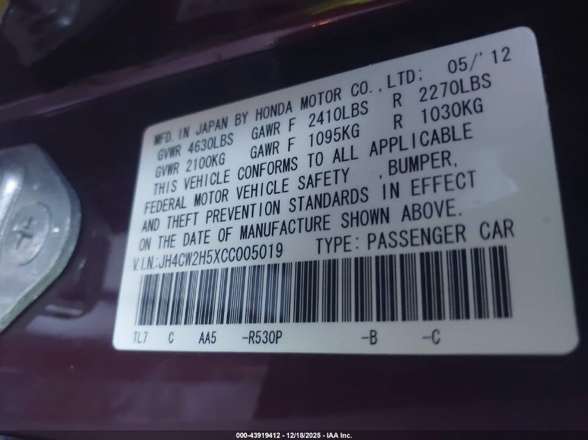 2012 Acura Tsx 2.4 VIN: JH4CW2H5XCC005019 Lot: 43919412