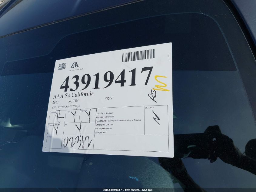 2013 Scion Fr-S VIN: JF1ZNAA19D2723478 Lot: 43919417