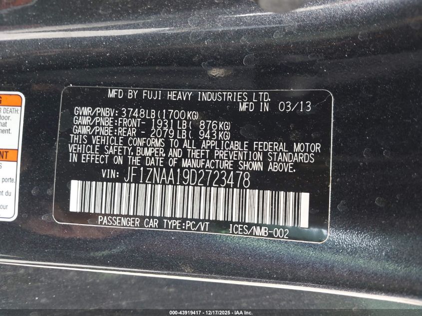 2013 Scion Fr-S VIN: JF1ZNAA19D2723478 Lot: 43919417