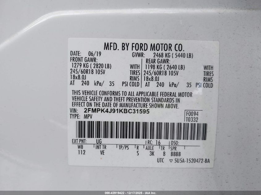 2019 Ford Edge Sel VIN: 2FMPK4J91KBC31595 Lot: 43919422