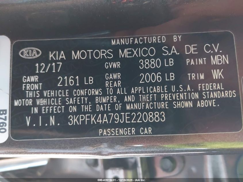 2018 Kia Forte Lx VIN: 3KPFK4A79JE220883 Lot: 43919431