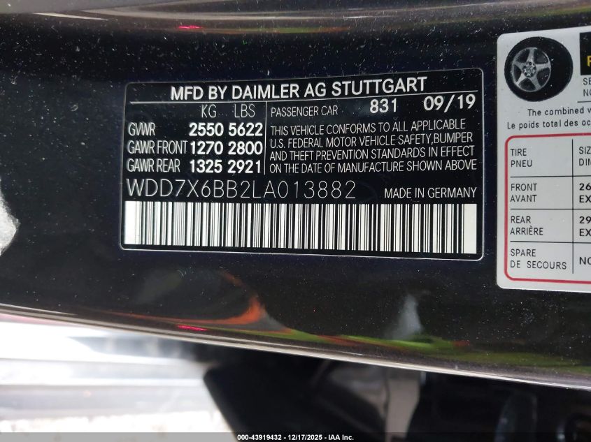 2020 Mercedes-Benz Amg Gt 53 4-Door Coupe VIN: WDD7X6BB2LA013882 Lot: 43919432