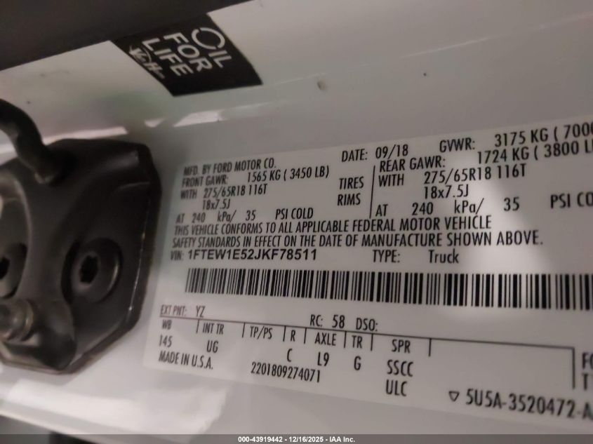 2018 Ford F-150 Xlt VIN: 1FTEW1E52JKF78511 Lot: 43919442