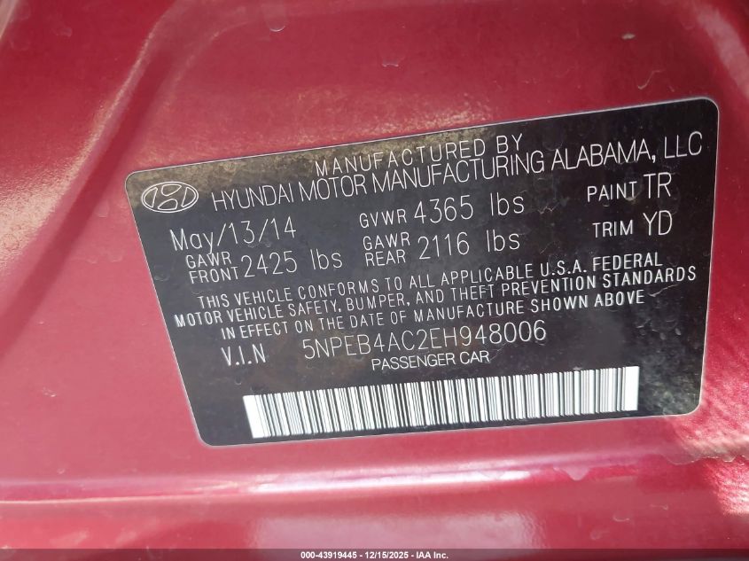 2014 Hyundai Sonata Gls VIN: 5NPEB4AC2EH948006 Lot: 43919445