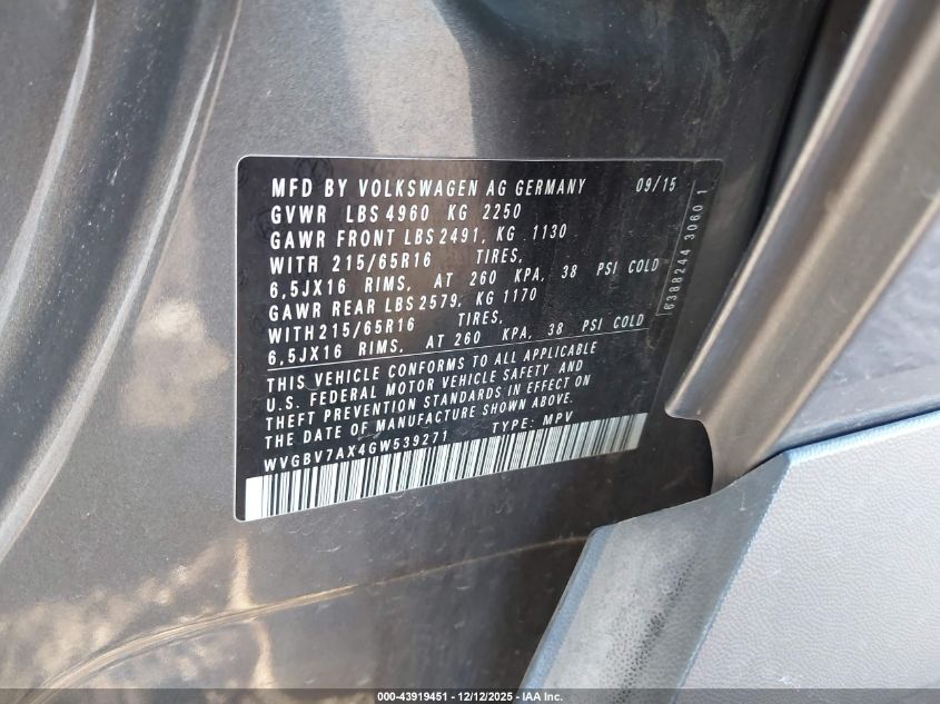 2016 Volkswagen Tiguan R-Line/S/Se/Sel VIN: WVGBV7AX4GW539271 Lot: 43919451