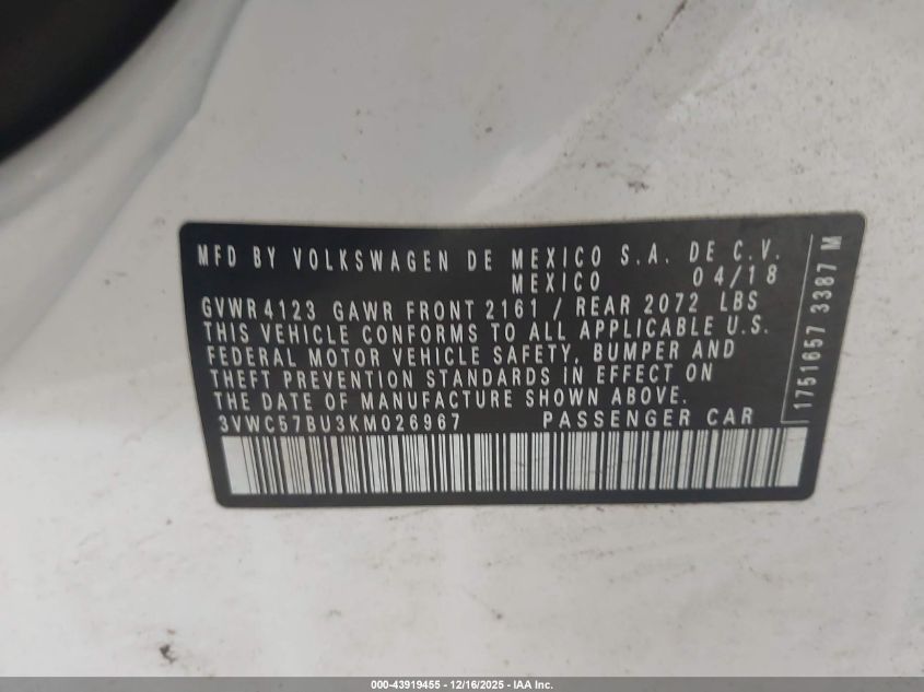2019 Volkswagen Jetta 1.4T R-Line/1.4T S/1.4T Se VIN: 3VWC57BU3KM026967 Lot: 43919455