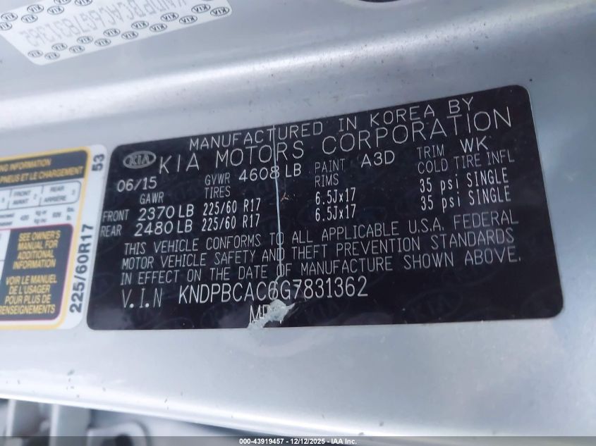 2016 Kia Sportage Lx VIN: KNDPBCAC6G7831362 Lot: 43919457