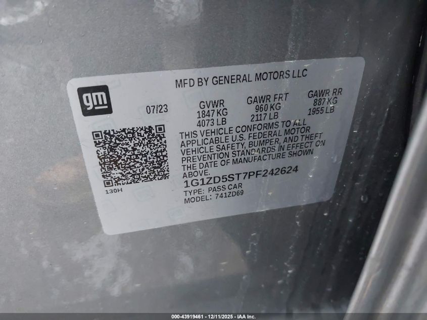 2023 Chevrolet Malibu Fwd 1Lt VIN: 1G1ZD5ST7PF242624 Lot: 43919461