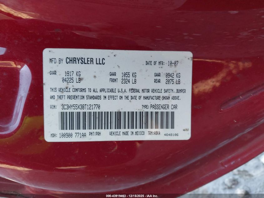 2008 Chrysler Pt Cruiser Touring VIN: 3C3HY55X38T121770 Lot: 43919463