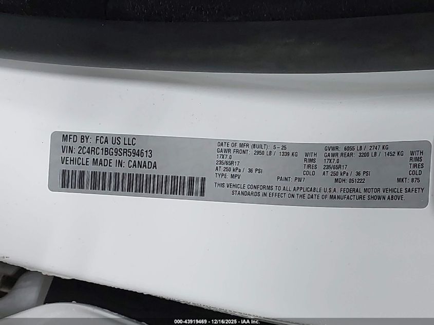 2025 Chrysler Pacifica Select VIN: 2C4RC1BG9SR594613 Lot: 43919469