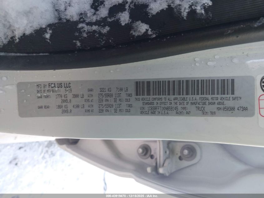 2019 Ram 1500 Big Horn/Lone Star 4X4 5'7 Box VIN: 1C6SRFFT1KN859145 Lot: 43919470