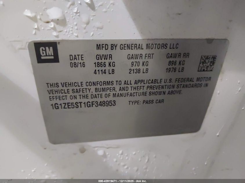 2016 Chevrolet Malibu 1Lt VIN: 1G1ZE5ST1GF348953 Lot: 43919471