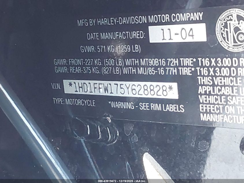 2005 Harley-Davidson Flhtci VIN: 1HD1FFW175Y628828 Lot: 43919472
