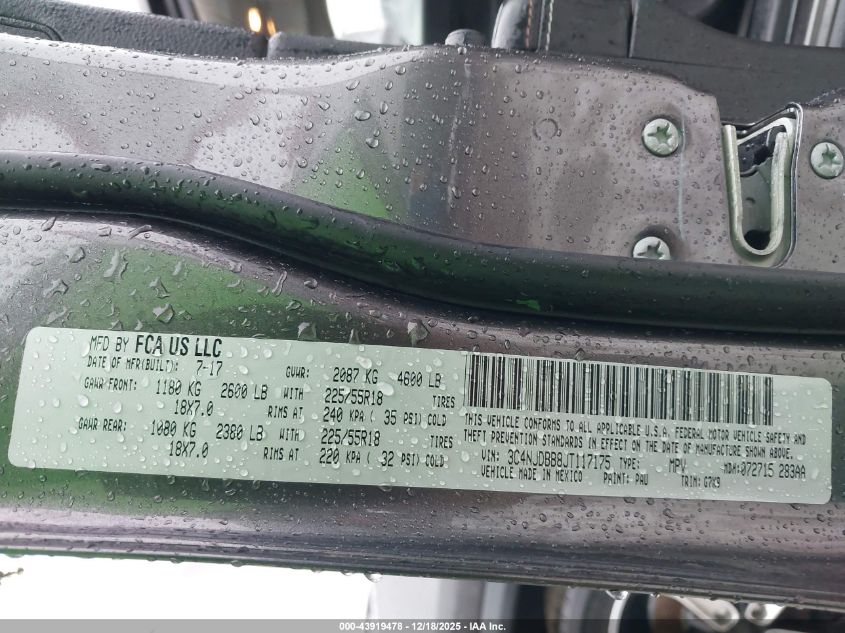 2018 Jeep Compass Latitude 4X4 VIN: 3C4NJDBB8JT117175 Lot: 43919478