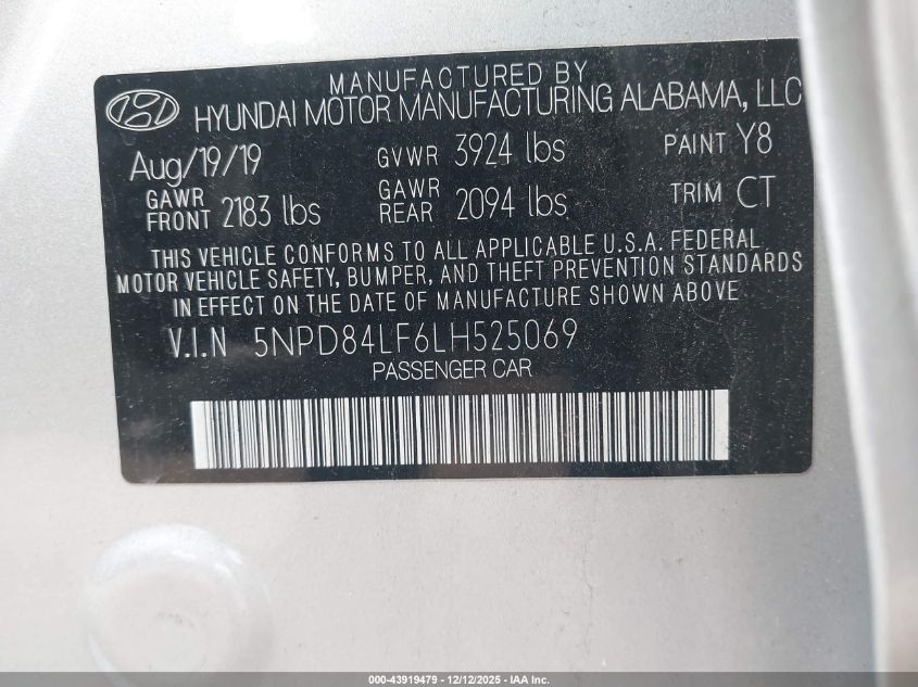 2020 Hyundai Elantra Value Edition VIN: 5NPD84LF6LH525069 Lot: 43919479