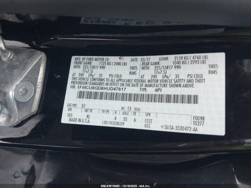 2017 Ford Escape Se VIN: 1FMCU9GD8HUD47817 Lot: 43919480