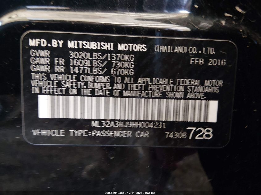 2017 Mitsubishi Mirage Es VIN: ML32A3HJ9HH004231 Lot: 43919481