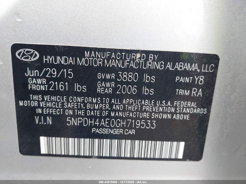 2016 Hyundai Elantra Se VIN: 5NPDH4AE0GH719533 Lot: 43919489