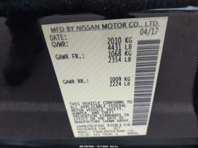 2017 Nissan Leaf S VIN: 1N4BZ0CP3HC308156 Lot: 43919491