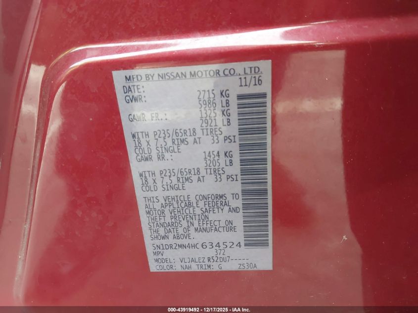 2017 Nissan Pathfinder Sv VIN: 5N1DR2MN4HC634524 Lot: 43919492