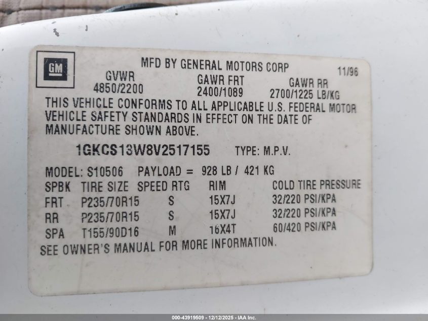 1997 GMC Jimmy Sls VIN: 1GKCS13W8V2517155 Lot: 43919509