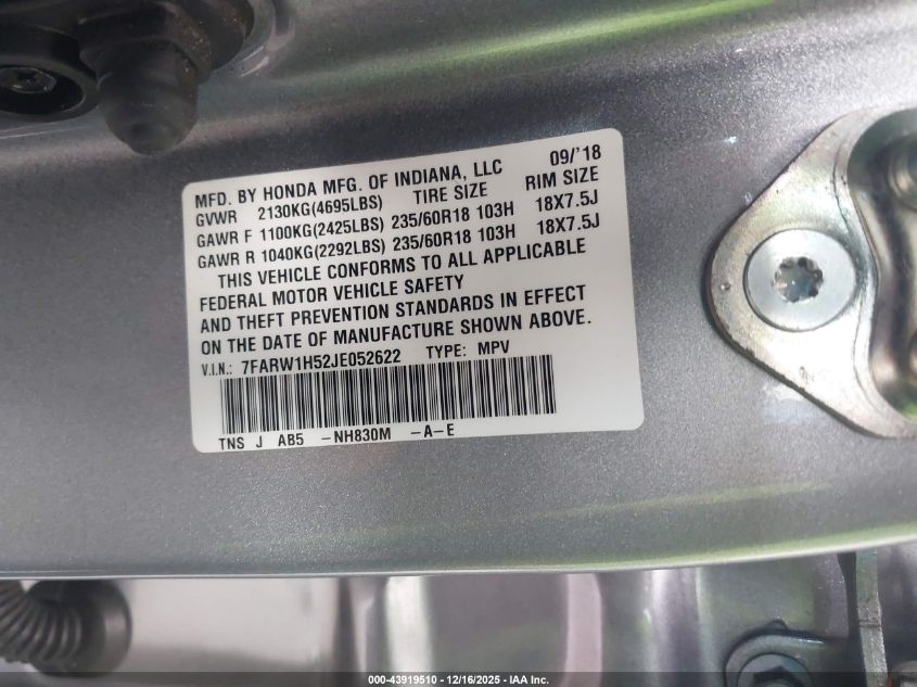 2018 Honda Cr-V Ex VIN: 7FARW1H52JE052622 Lot: 43919510