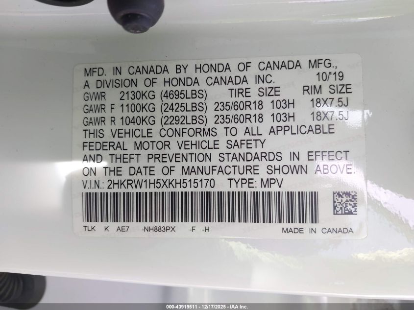 2019 Honda Cr-V Ex VIN: 2HKRW1H5XKH515170 Lot: 43919511