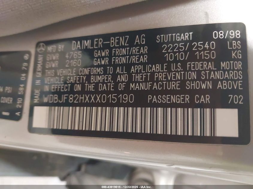1999 Mercedes-Benz E 320 Awd VIN: WDBJF82HXXX015190 Lot: 43919515