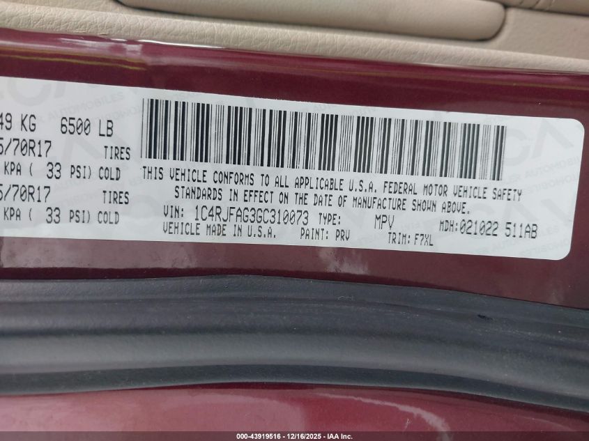 2016 Jeep Grand Cherokee Laredo VIN: 1C4RJFAG3GC310073 Lot: 43919516