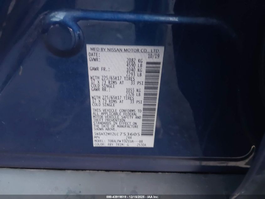 2020 Nissan Rogue S Fwd VIN: 5N1AT2MT2LC753605 Lot: 43919519