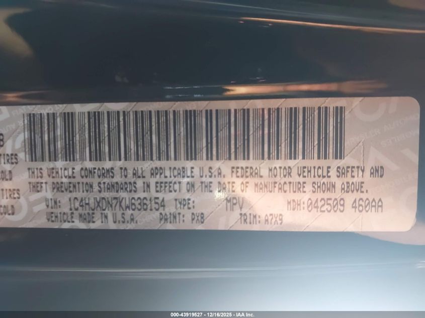 2019 Jeep Wrangler Unlimited Sport S 4X4 VIN: 1C4HJXDN7KW636154 Lot: 43919527